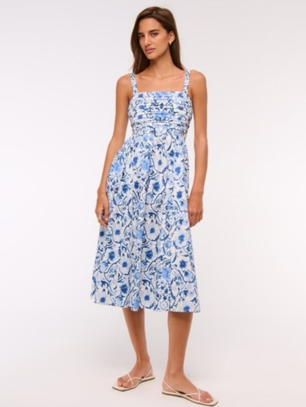 Abercrombie & Fitch Emerson Poplin Wide Strap Midi Dress Floral Blue Size MP